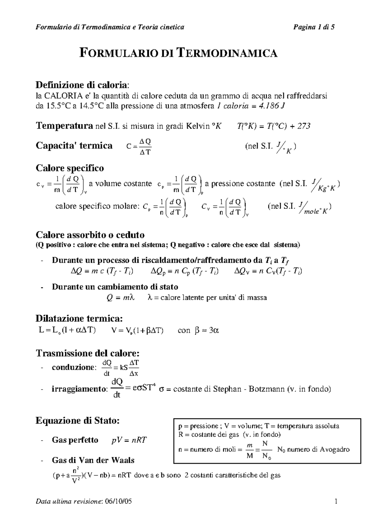 Termodinamica Formule - Fisica 1 - UniRoma2 - Studocu