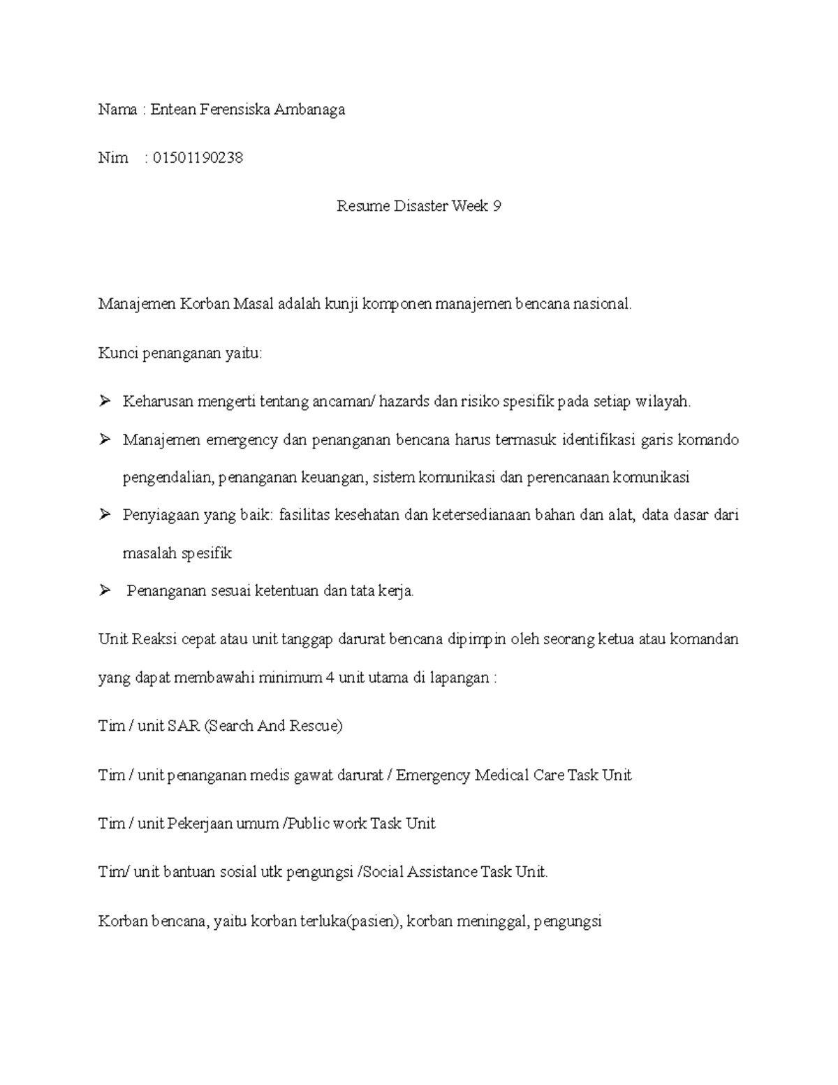 Entean Ringkasan Materi Disaster Week 9 - Nama : Entean Ferensiska ...