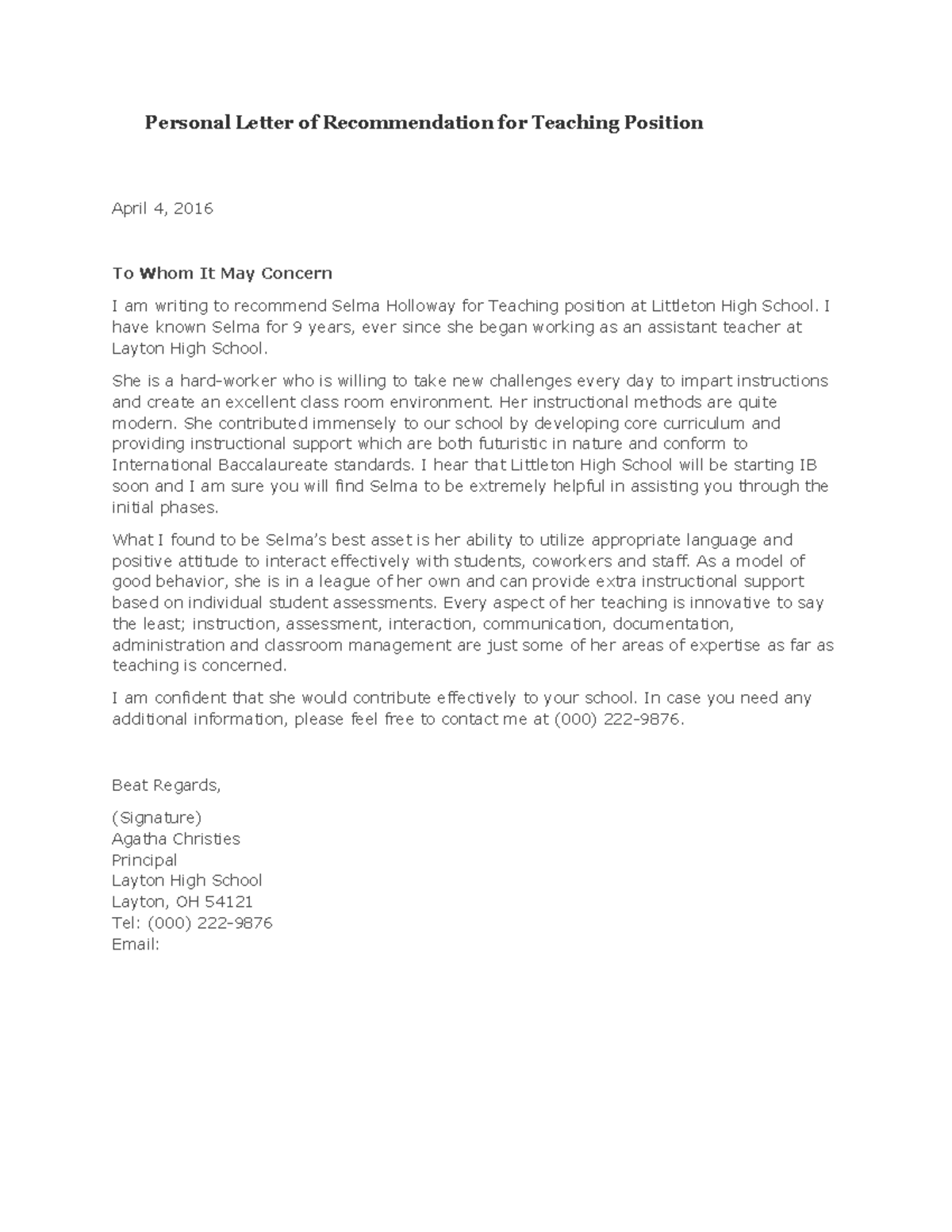 Sample 1- Personal Letter of Recommendation for Teaching Position ...