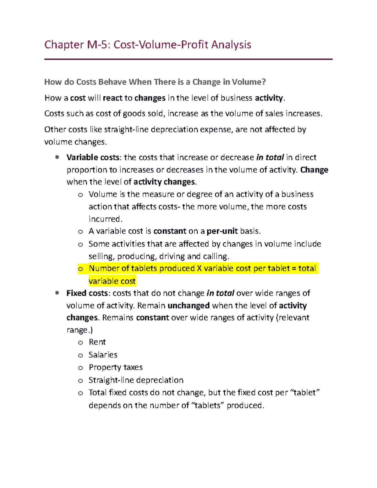 Chapter M-5 Accounting Notes - Chapter M-5: Cost-Volume-Profit Analysis ...