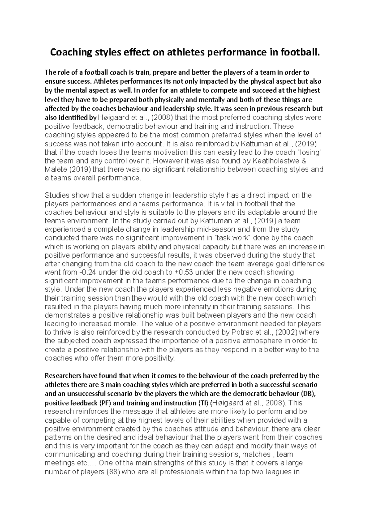 Lit Review Coaching - Coaching styles effect on athletes performance in ...