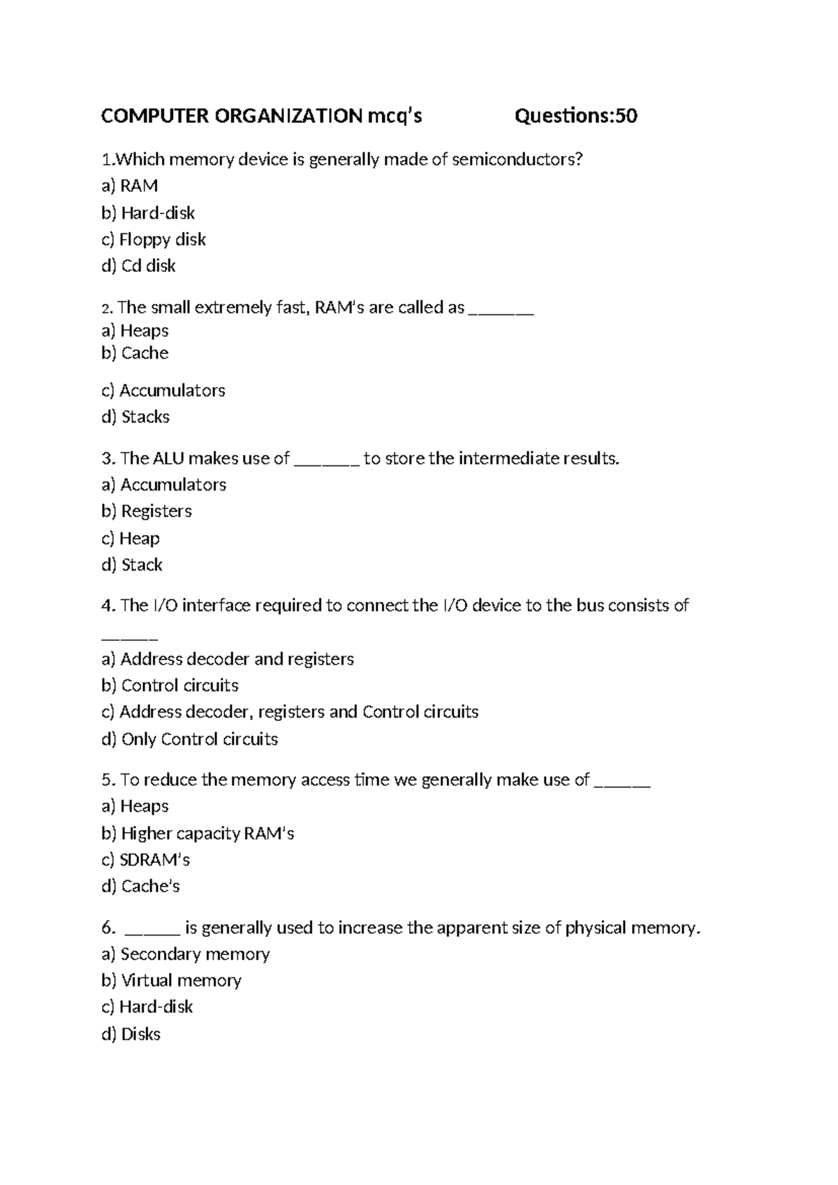 CO mcqs ggg COMPUTER ORGANIZATION mcq’s Questions 1 memory device
