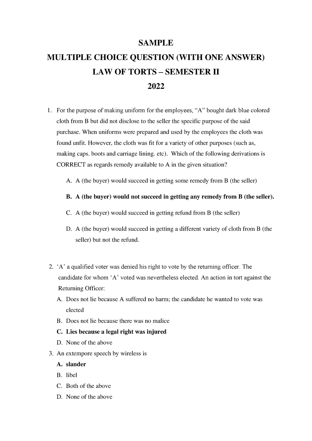 MCQ Lawof Torts. Doc - SAMPLE MULTIPLE CHOICE QUESTION (WITH ONE ANSWER ...