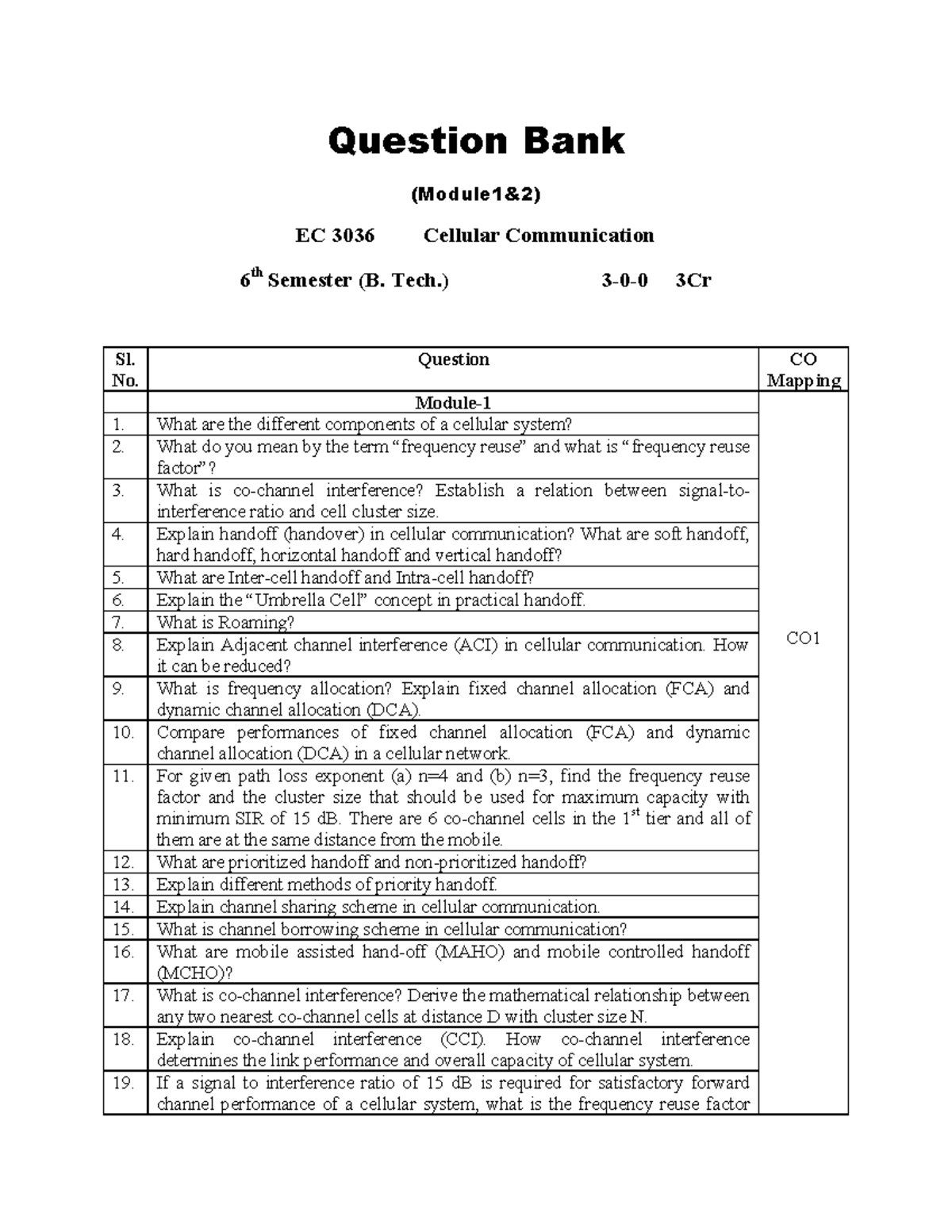 CC question bank solution Question Bank (Module1&2) EC 3036 Cellular