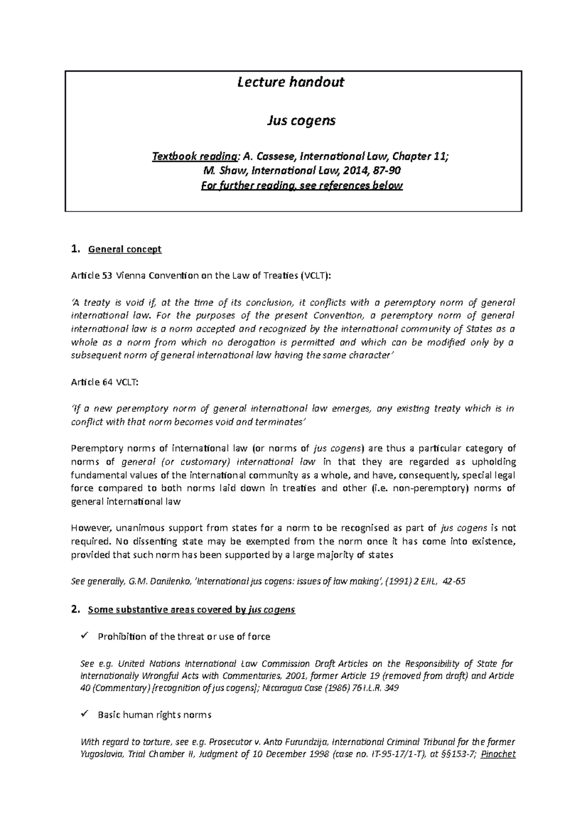 Jus cogens topic Lecture handout Jus cogens Textbook reading A