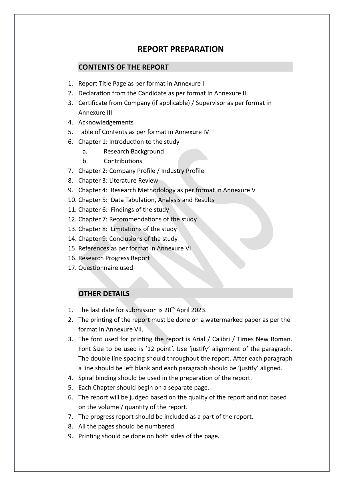 Field Report Format Check REPORT PREPARATION CONTENTS OF THE REPORT