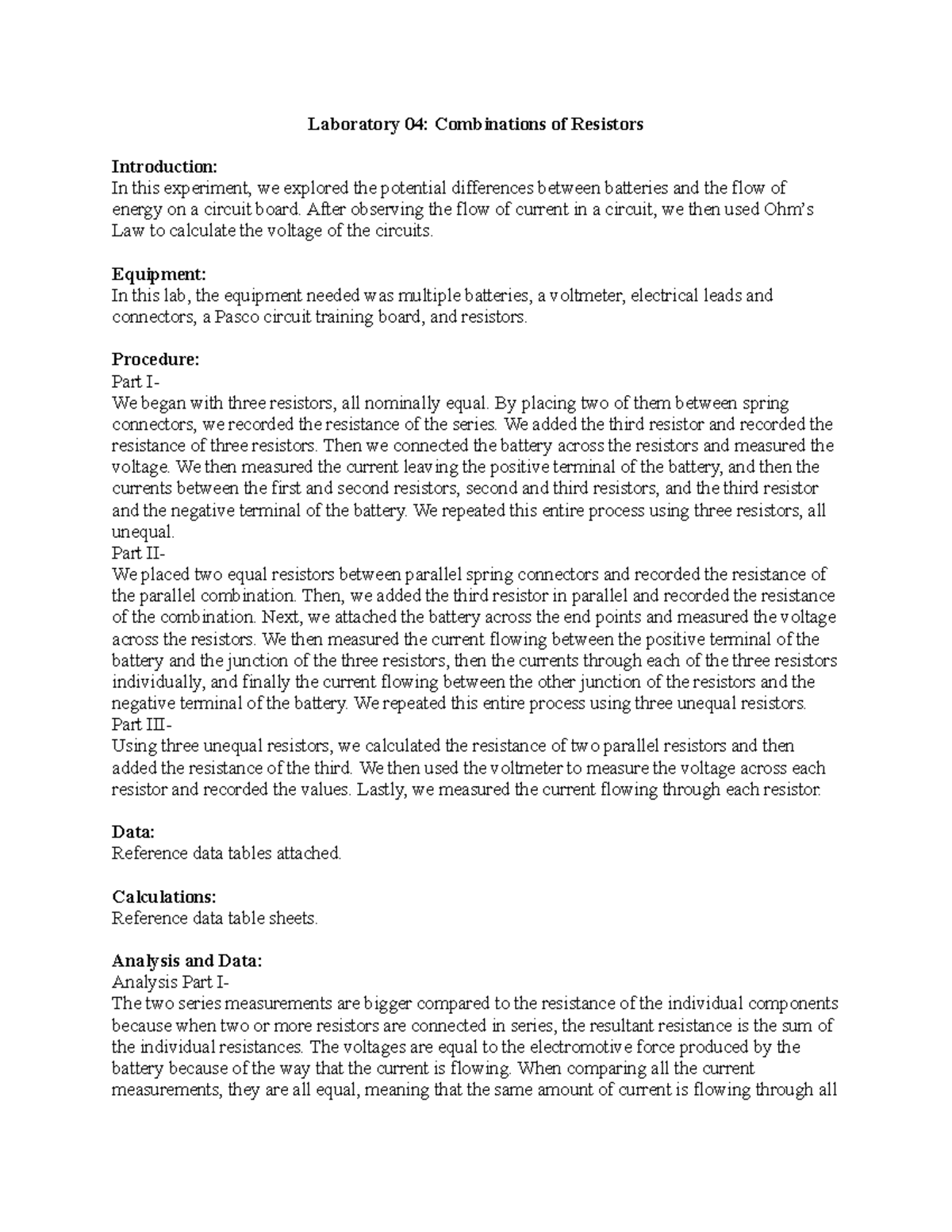 Physics Lab 12304 Laboratory 04 Combinations of Resistors