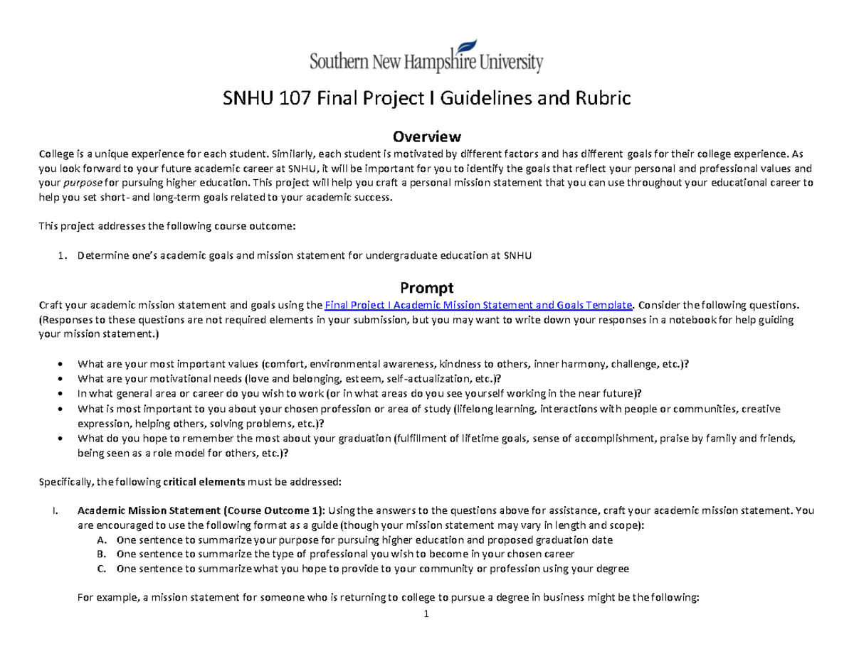 SNHU 107 Final Project I Guidelines and Rubric - 1 SNHU 107 Final ...