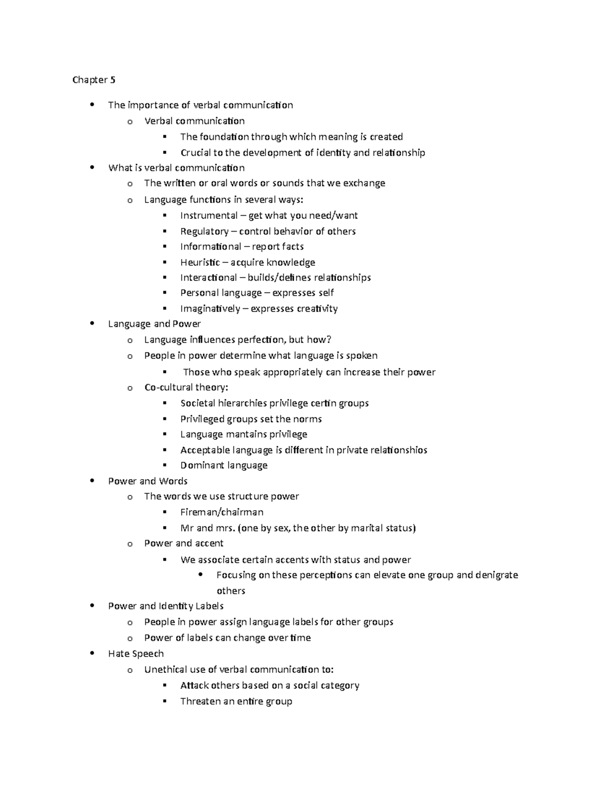 Comm 201 Chapter 5 Notes - Chapter 5 The importance of verbal ...