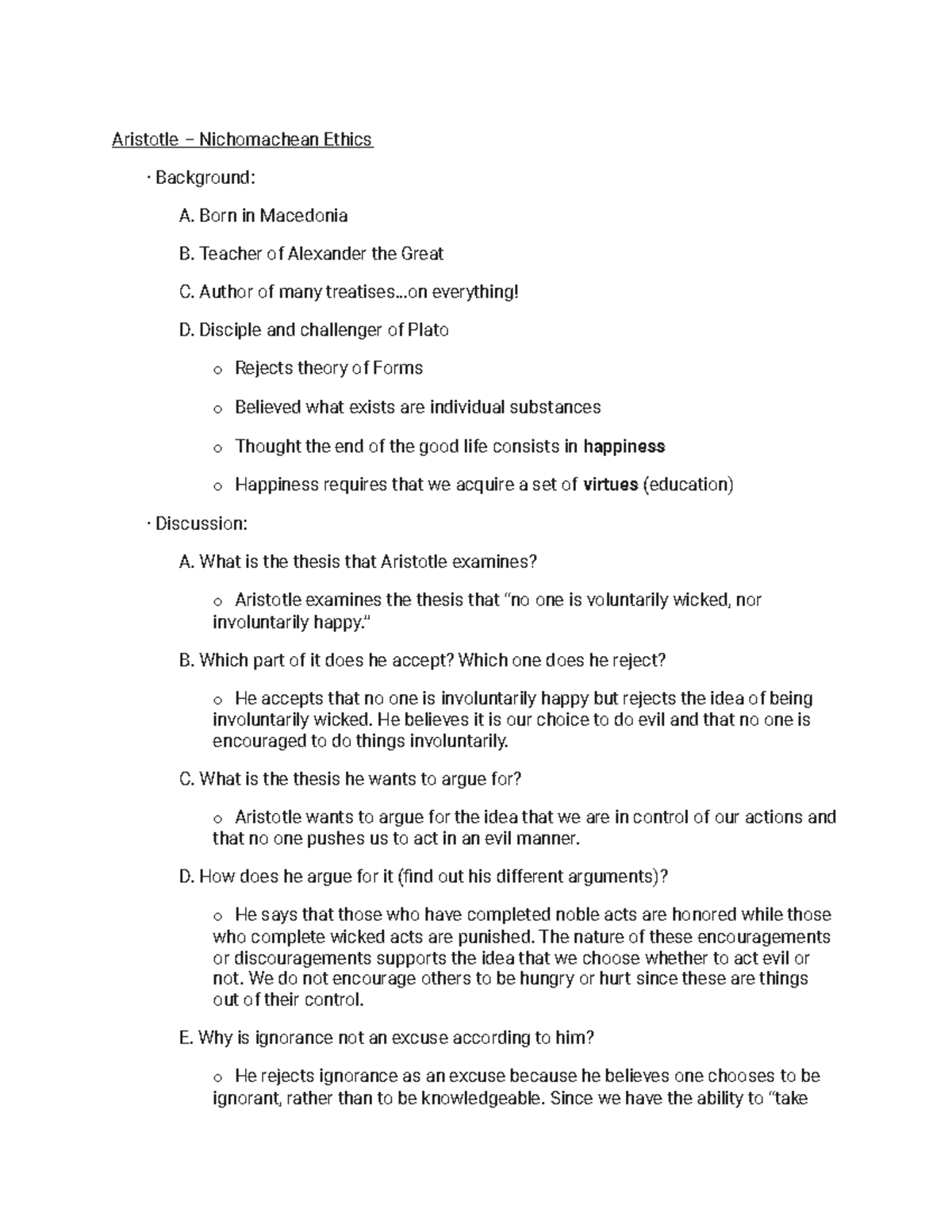 Metaphysics Lecture notes all Aristotle Nichomachean Ethics · Background A. Born in