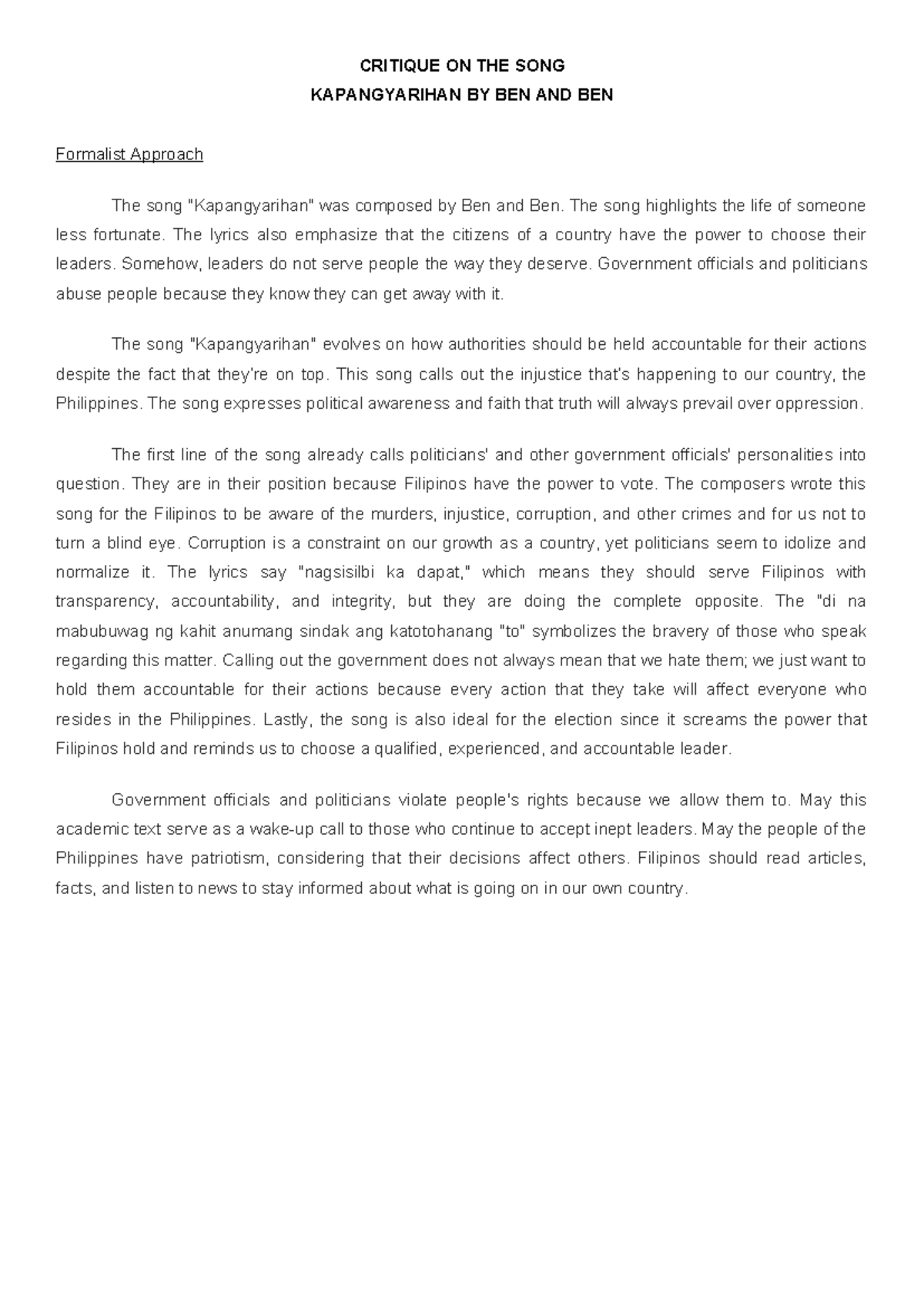 EAPP SONG Critique CRITIQUE ON THE SONG KAPANGYARIHAN BY BEN AND BEN