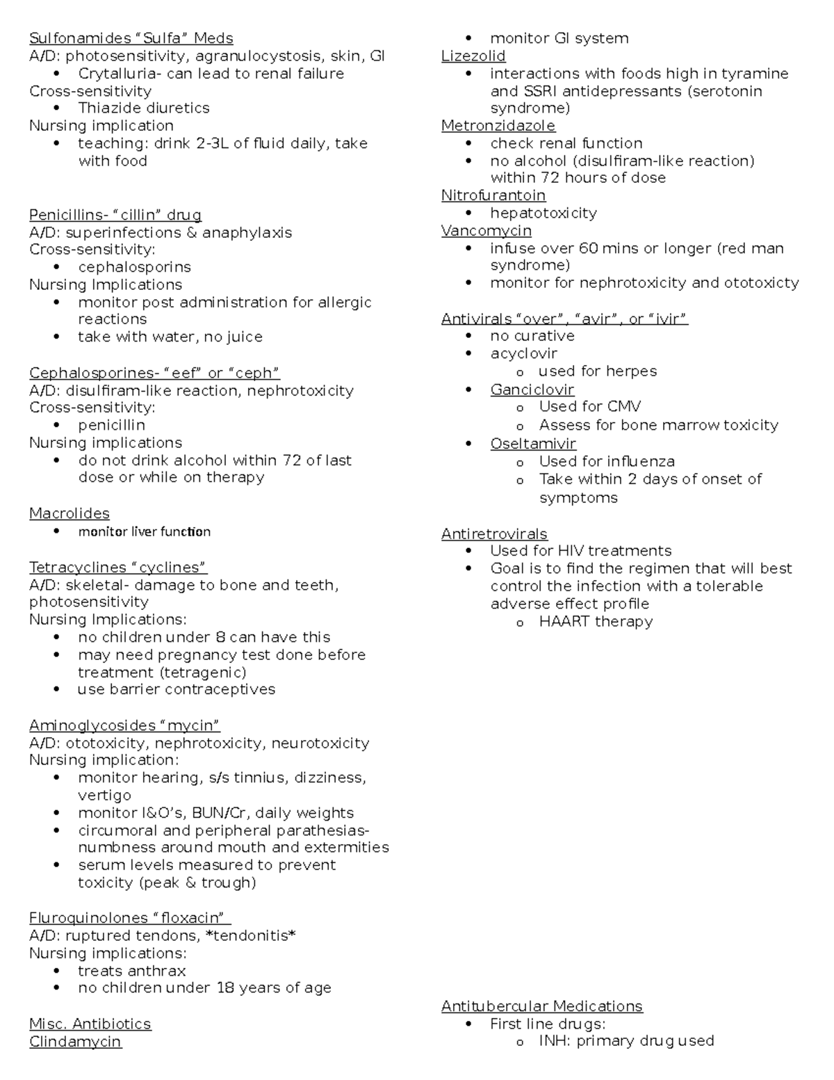 Pharm exam 1 - study guides - Sulfonamides “Sulfa” Meds A/D ...