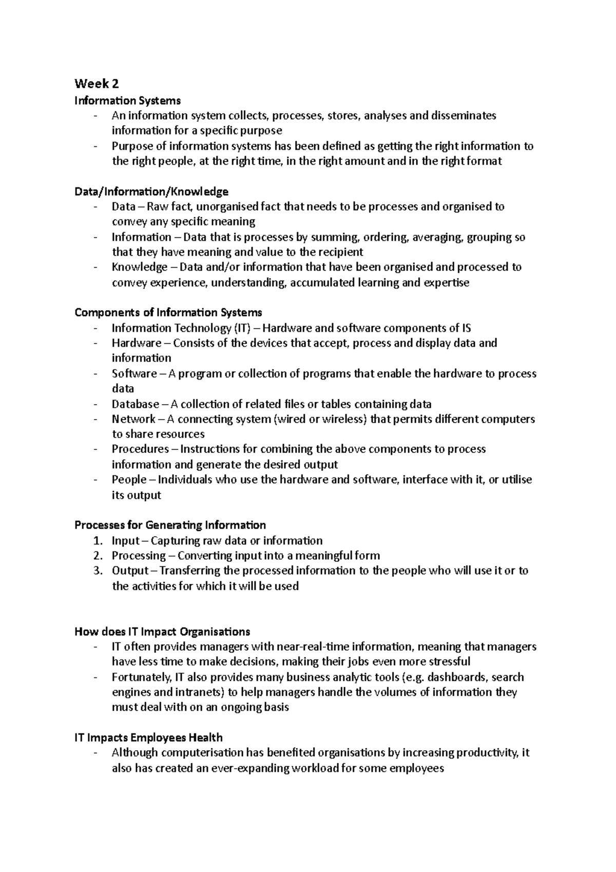 IS Week 2-5 - Notes for Quiz 1 - Week 2 Information Systems - An ...