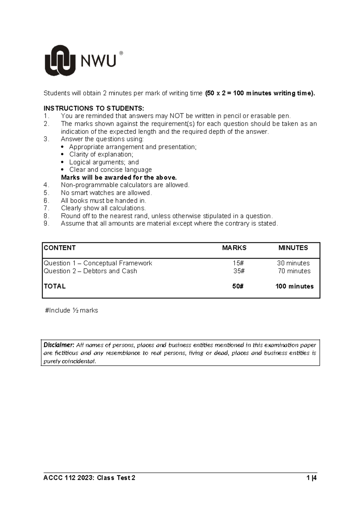 Test 400 And Deca 300 Cycle ACCC+112+2023+Class+test+2 - Students will obtain 2 minutes per mark of