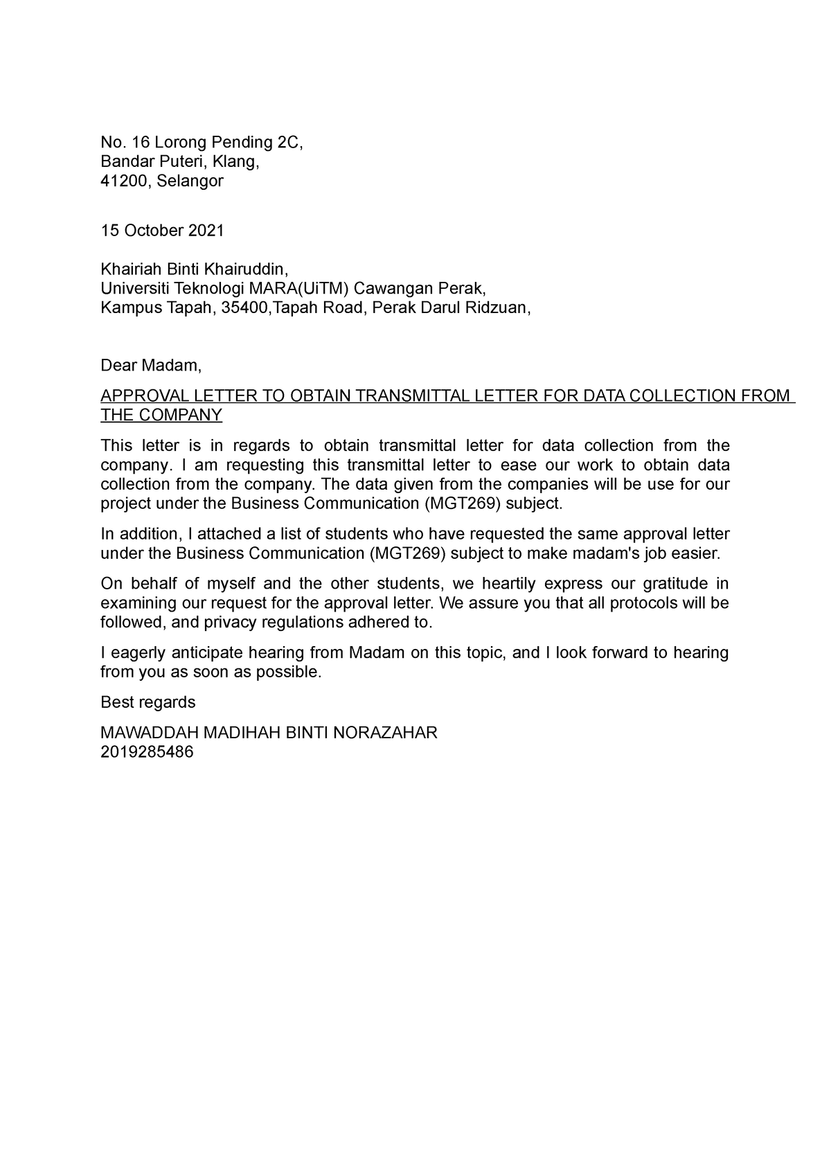 Request Approval Letter - No. 16 Lorong Pending 2C, Bandar Puteri ...