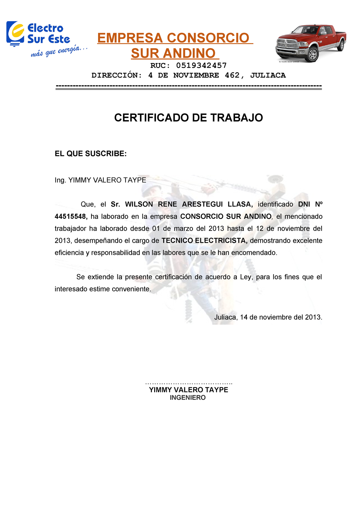 Certificado de trabajo Mpresa Consorcio EMPRESA CONSORCIO