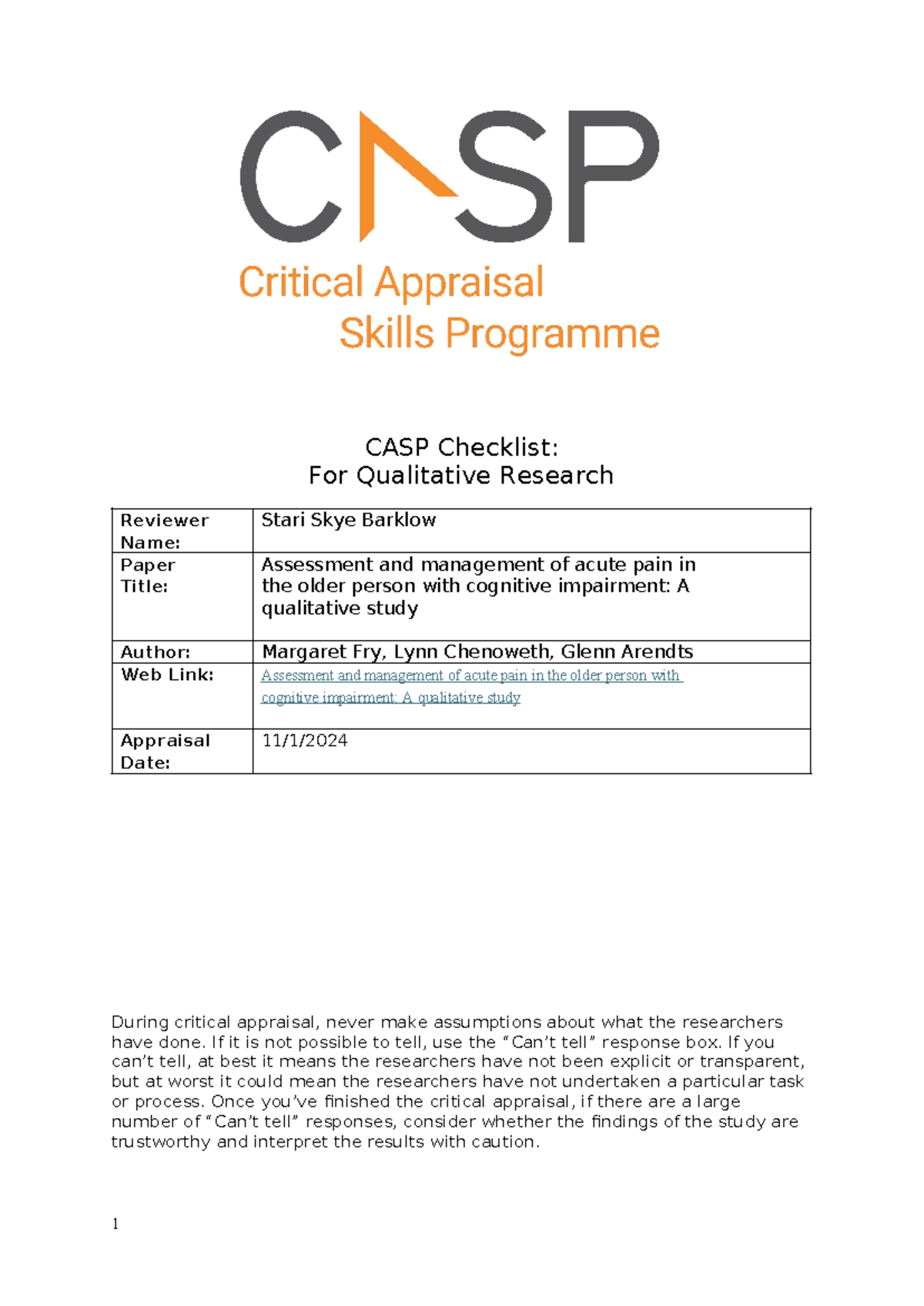 Barklow, S. NRS 723 CASP-checklist-qualitative-2024F - CASP Checklist ...