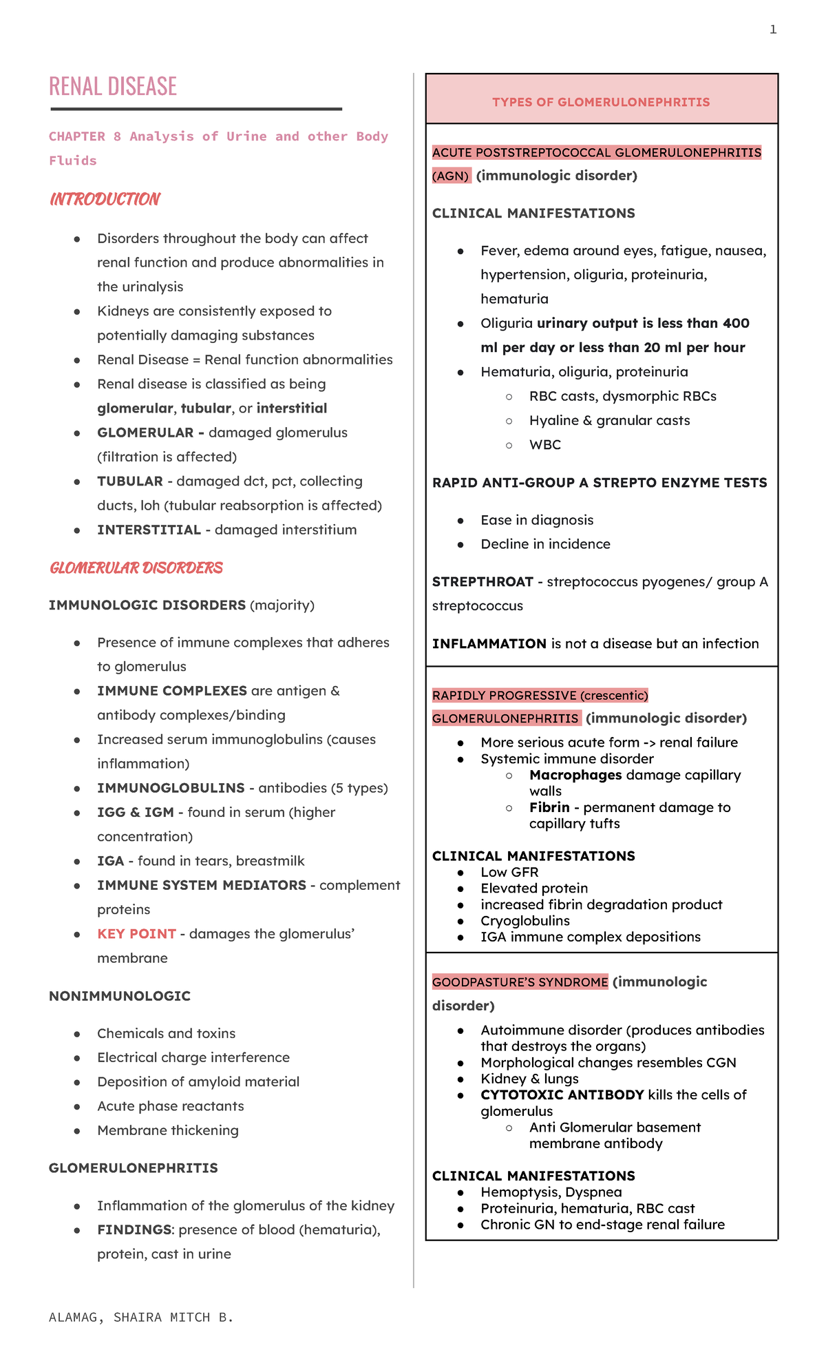 Renal Diseases (AUBF) - AUBF Notes - RENAL DISEASE CHAPTER 8 Analysis ...