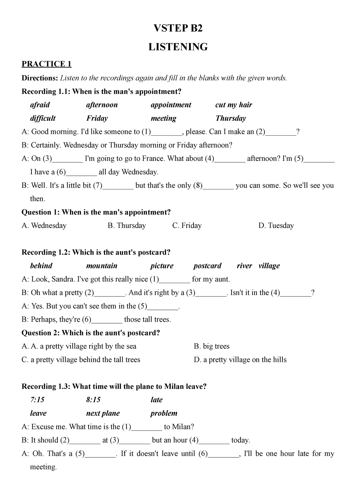 Vstep B2 ( Listening) - VSTEP B LISTENING PRACTICE 1 Directions: Listen ...