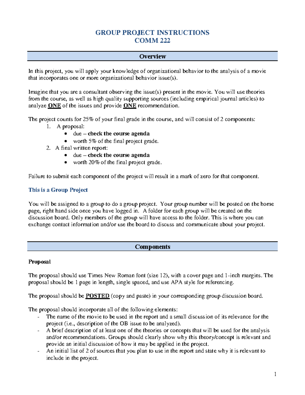 COMM 222 Group Project Winter 2019 BR - GROUP PROJECT INSTRUCTIONS COMM ...