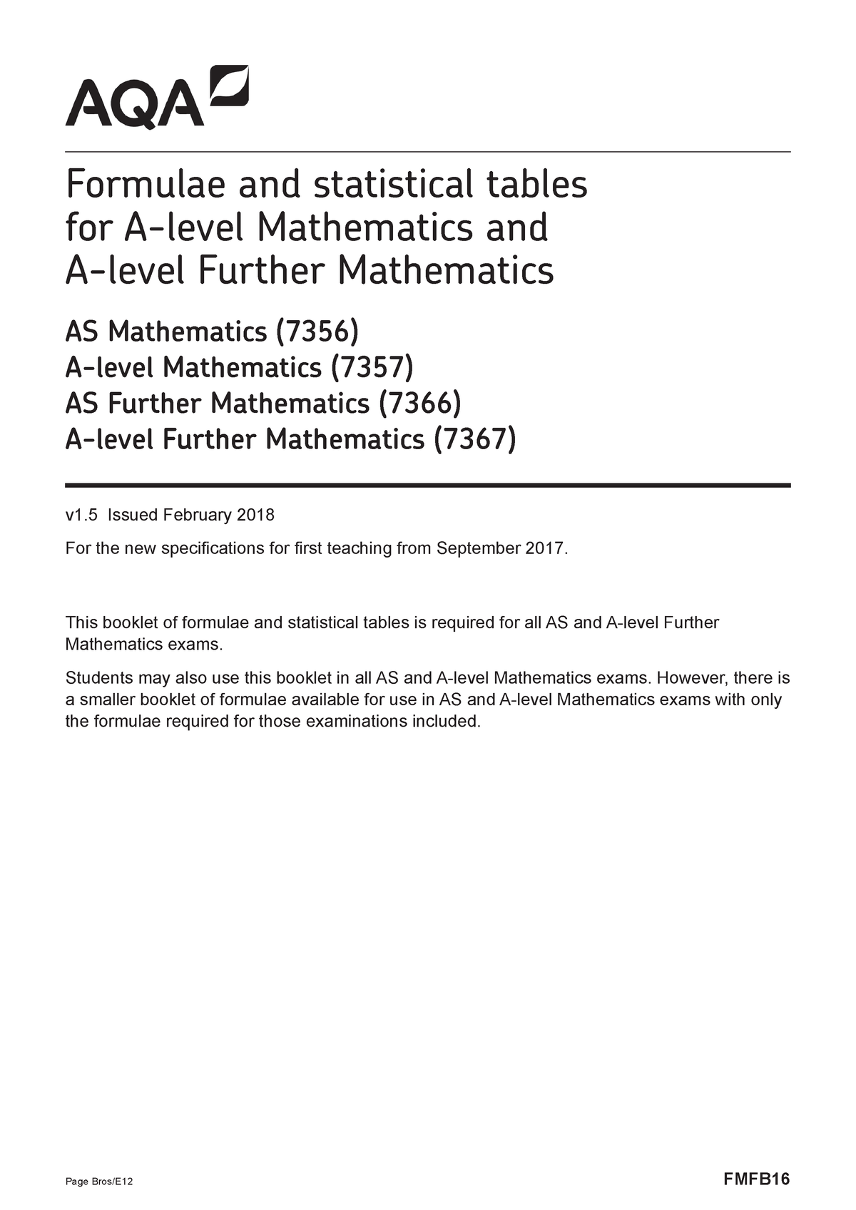 AQA AS A Fmaths Formulae - Formulae And Statistical Tables For A‑level ...