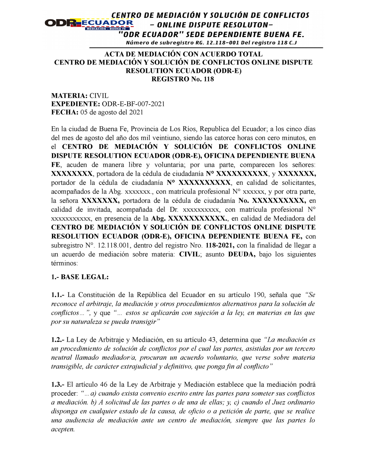 Acta De Mediación Con Acuerdo Total 007 Buena Fe Acta De MediaciÓn