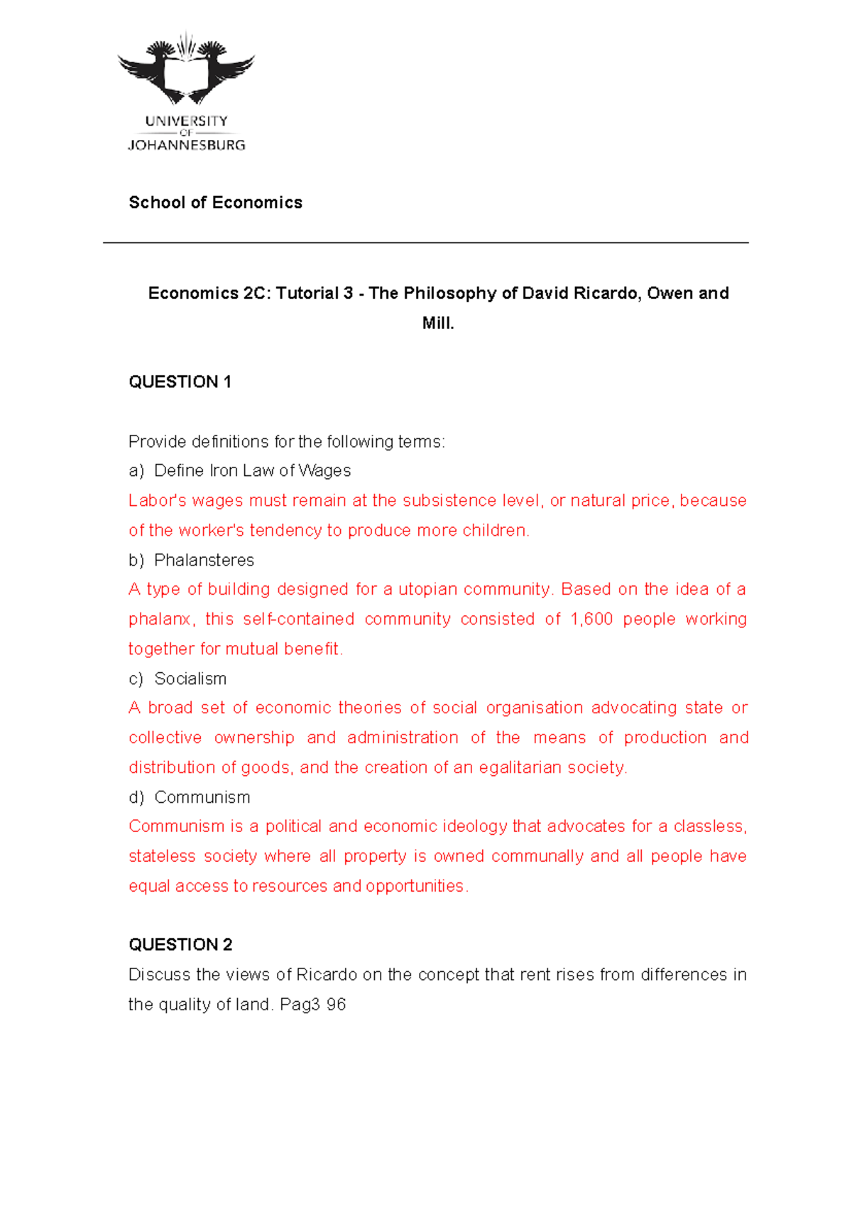 Tutorial 3 Memo - School of Economics Economics 2C: Tutorial 3 - The ...
