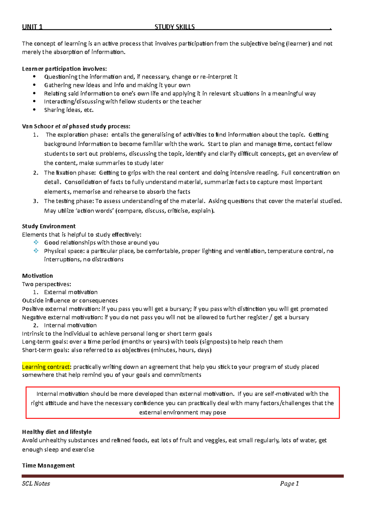 SCL1501-study notes - UNIT 1 STUDY SKILLS. The concept of learning is ...