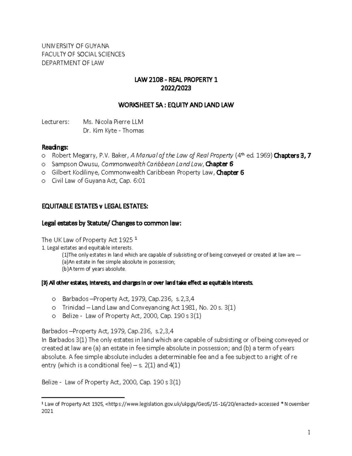 Law 2108 Real Property 1 Worksheet 5A Equity and Land Law 20222023