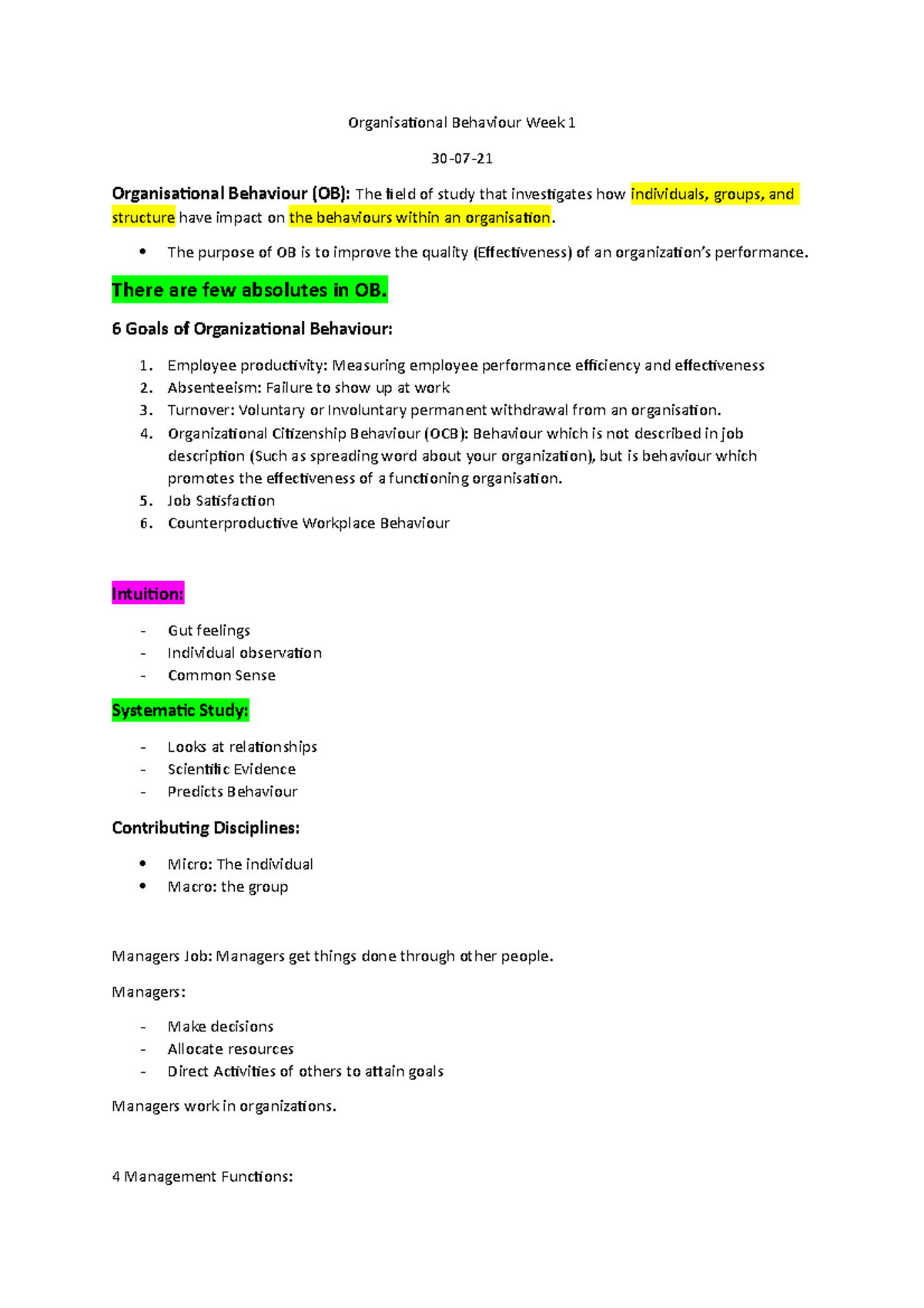 Organisational Behaviour Week 1 Introduction - Organisational Behaviour ...