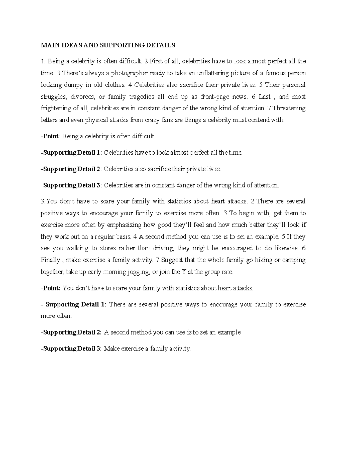 MAIN Ideas AND Supporting Details MAIN IDEAS AND SUPPORTING DETAILS