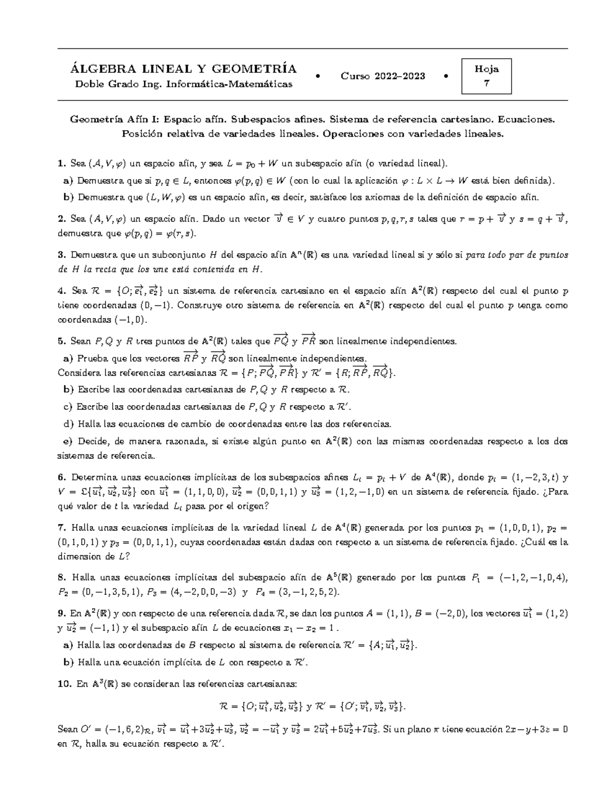 Hoja7 Hojas De Problemas Sobre Geometría Afín ́ Algebra Lineal Y Geometr ́ia Doble Grado Ing 0379