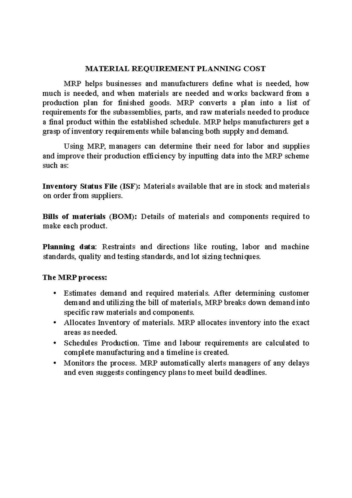 Material Requirement Planning COST MATERIAL REQUIREMENT PLANNING COST