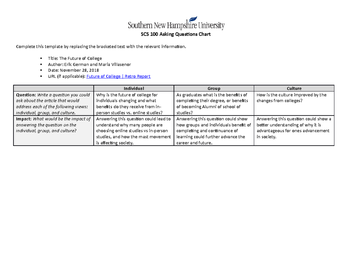 7-2 Activity Asking Questions - SCS 100 Asking Questions Chart Complete ...