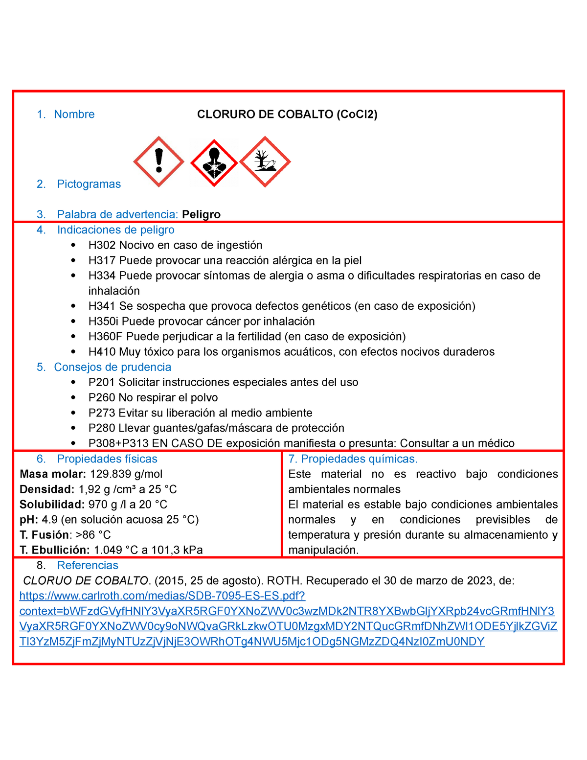 Fichas De Seguridad Co Cl2 Hno3 Cu Nombre Cloruro De Cobalto Cocl2 Pictogramas Palabra De 7773