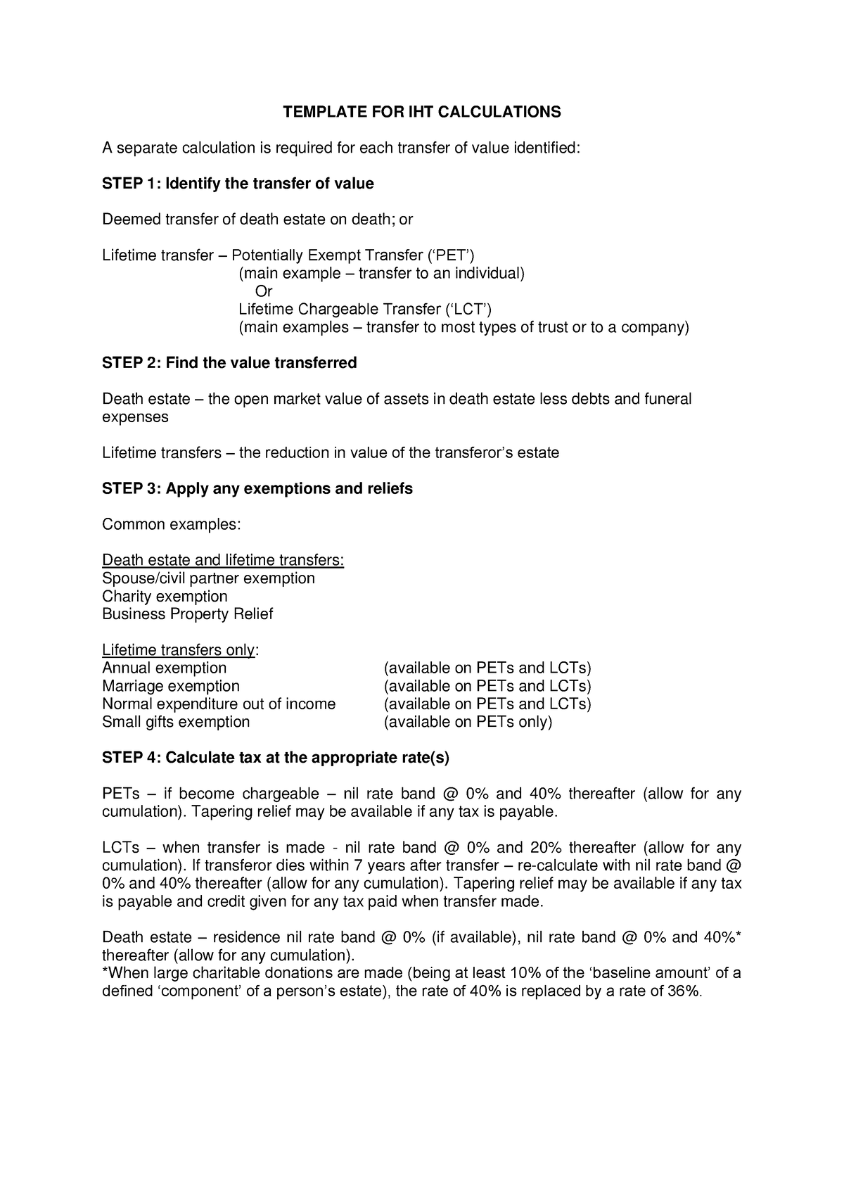 IHT Template For Wills - TEMPLATE FOR IHT CALCULATIONS A Separate ...