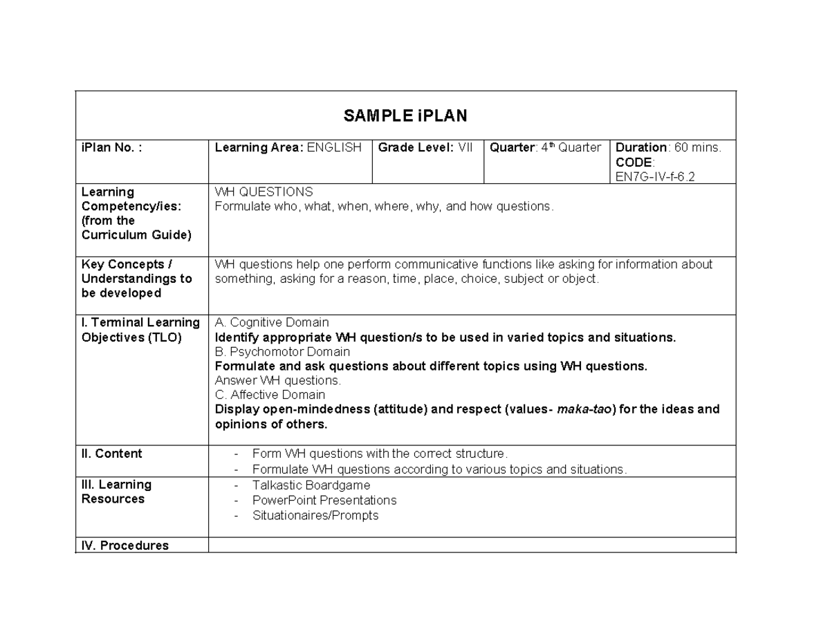 I Plan-ELT-224 - hope it helps - SAMPLE iPLAN iPlan No. : Learning Area ...