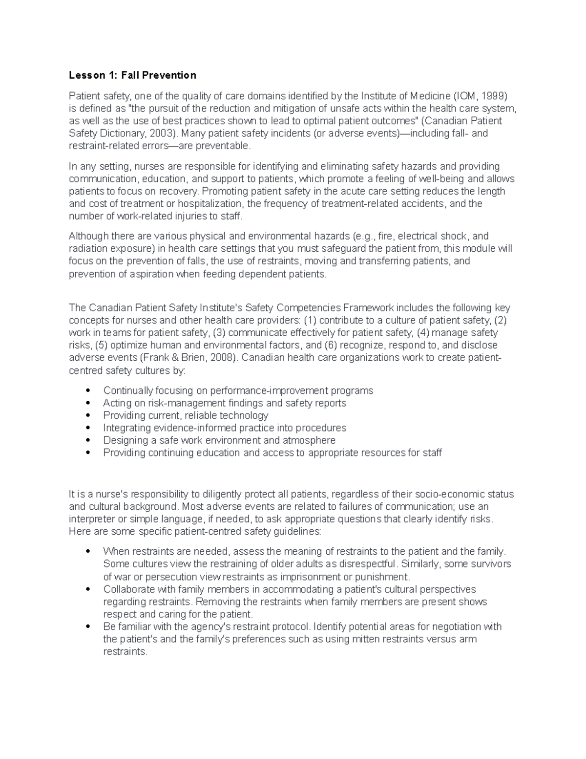 Module 1 - Safety - Lesson 1: Fall Prevention Patient safety, one of ...