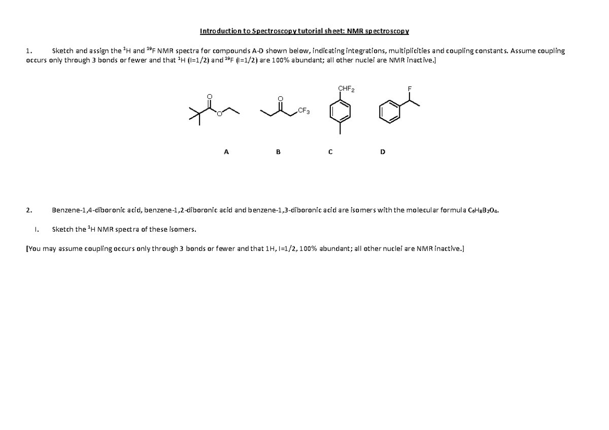 NMR tutorial Introduction to Spectroscopy tutorial sheet NMR