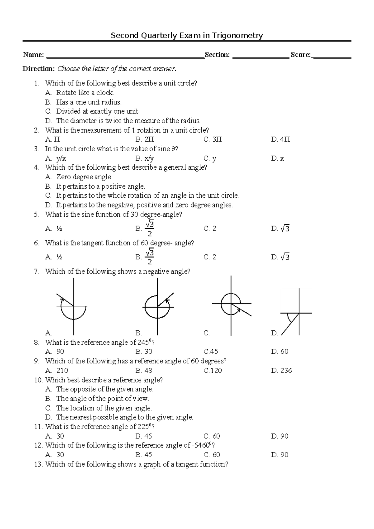 Q2 Trigo Exam Second Quarterly Exam in Trigonometry Name Studocu