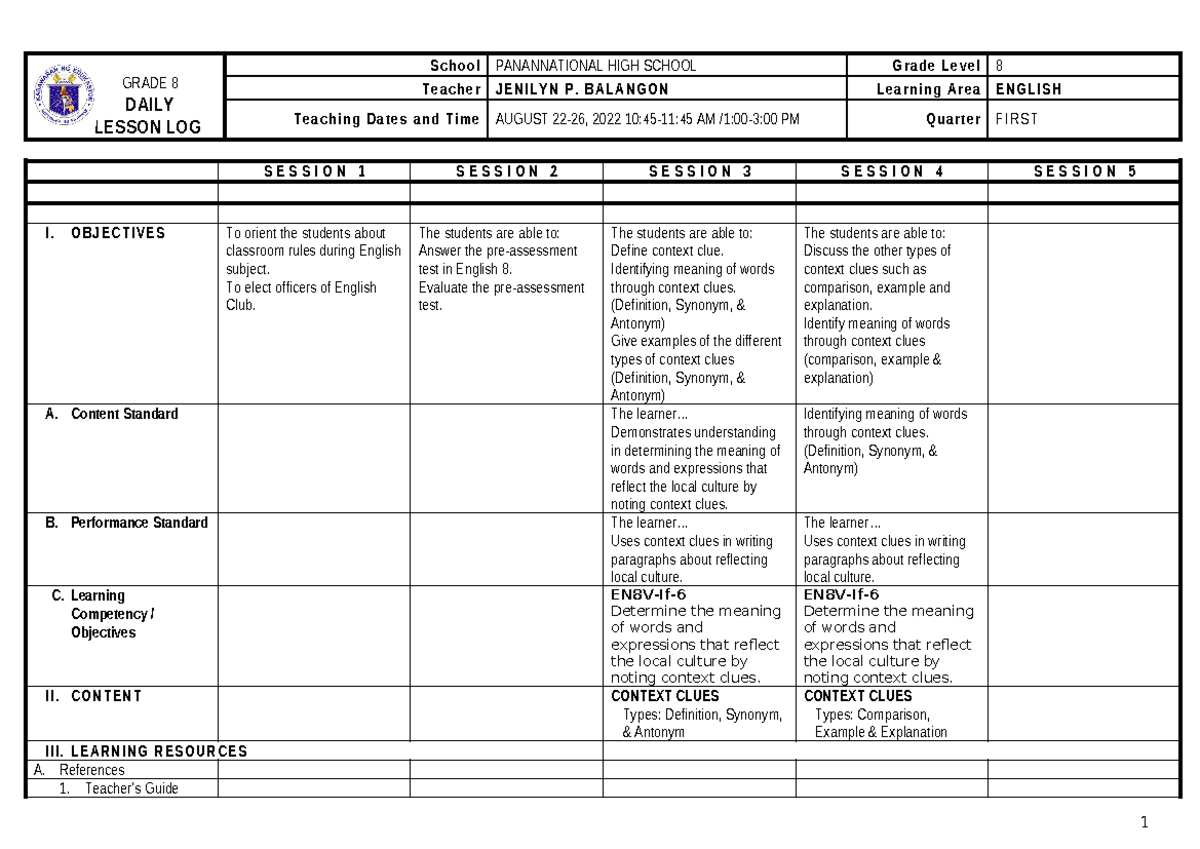 English 8 WEEK 1 DLL - GRADE 8 DAILY LESSON LOG School PANANNATIONAL ...