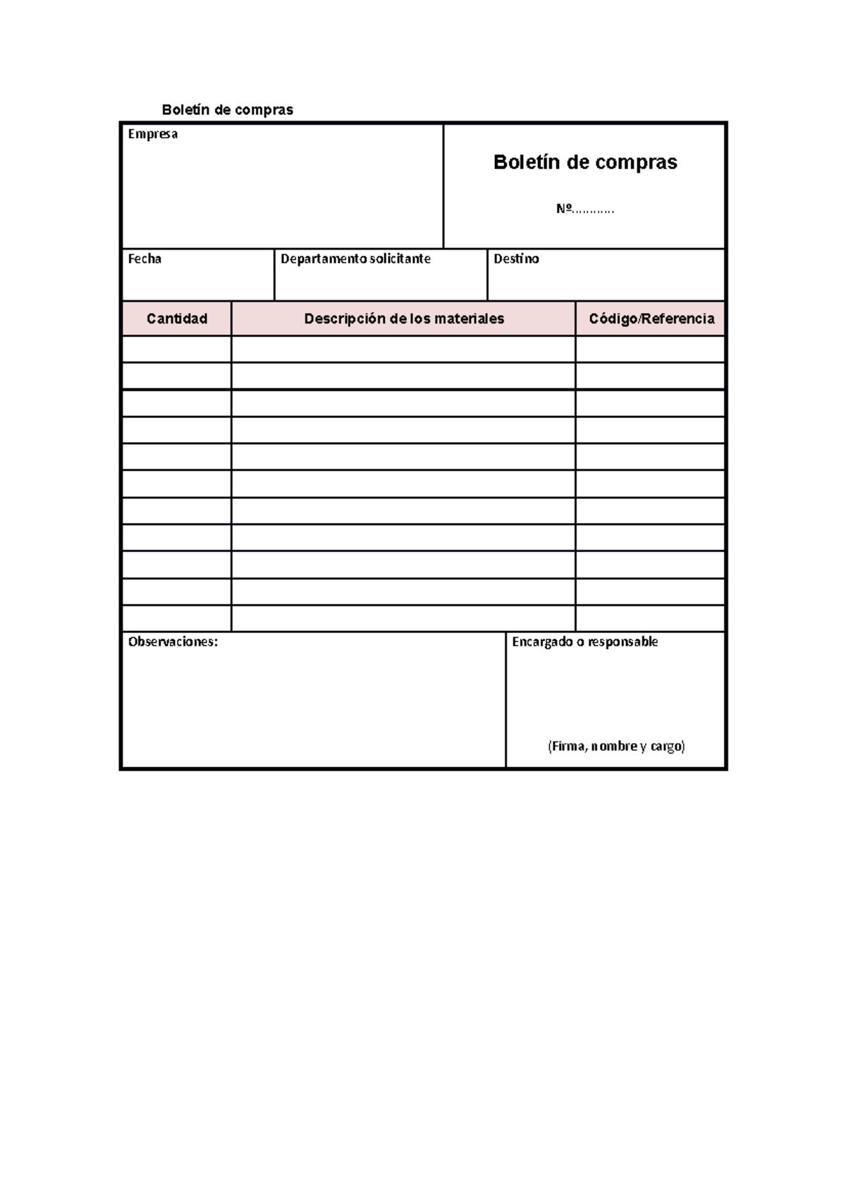 Plantillas documentos - Boletín de compras Empresa Boletín de compras Nº  ............ Fecha - Studocu