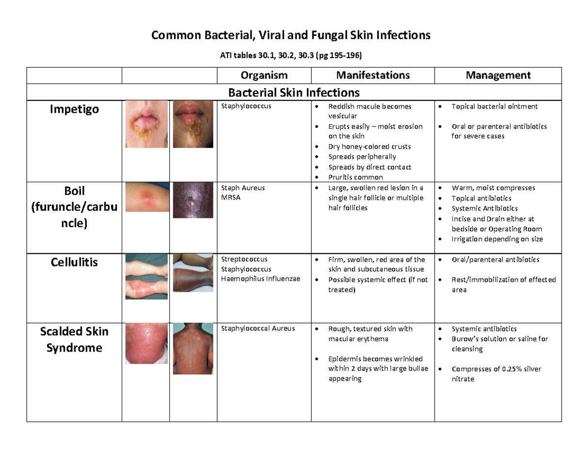 Skin Infections Info Sheet - Common Bacterial, Viral And Fungal Skin ...