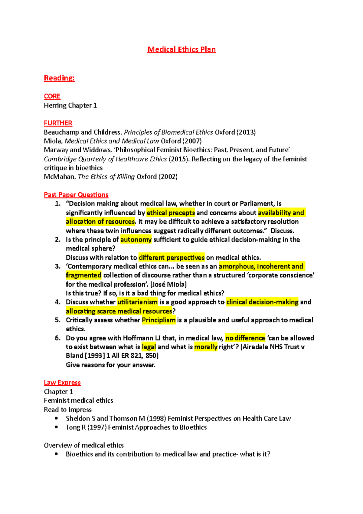 Medical Ethics Plan copy - Medical Ethics Plan Reading: CORE Herring ...