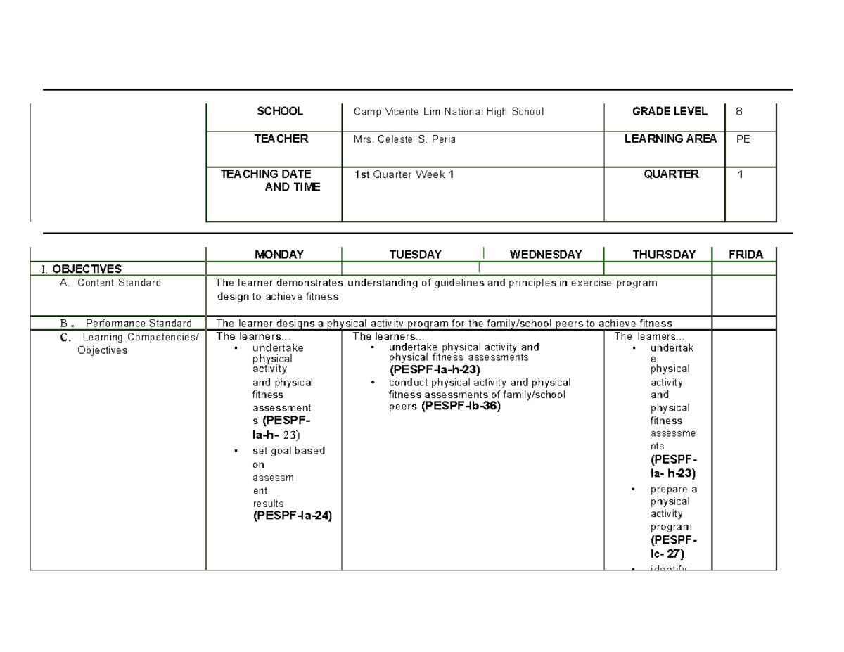 Q1 grade 8 pe dll week 1pdf 1 2048 - Education - Studocu