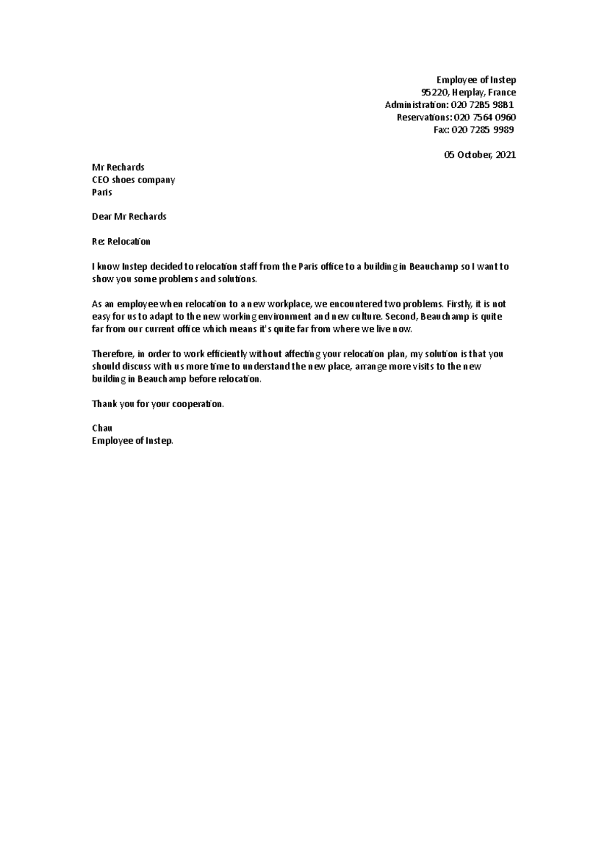 letter for a company - Employee of Instep 95220, Herplay, France ...