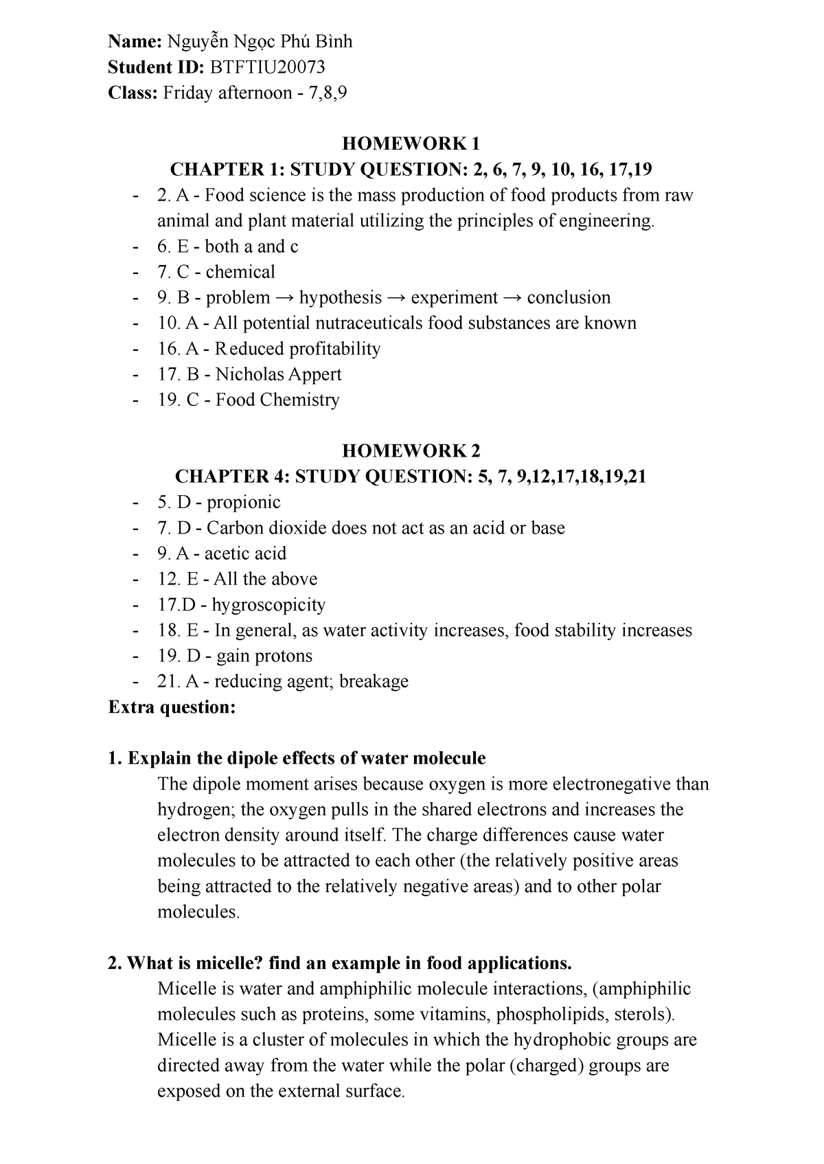 Homework 1 +2 - intro to food Science and technology - Name: Nguyễn ...