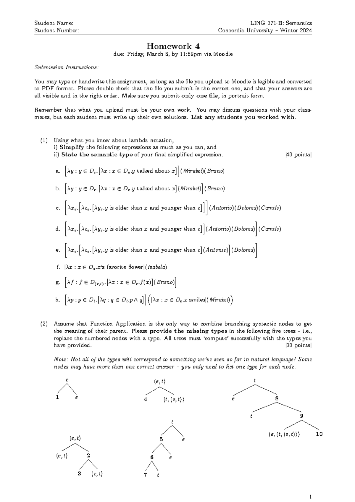 2024Semantics-Homework 4 - Student Name: Student Number: LING 371-B ...