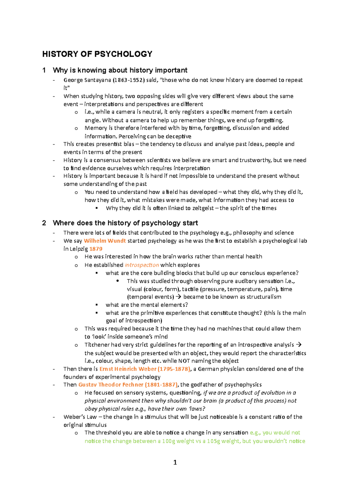 Compiled Lecture Notes of course content - HISTORY OF PSYCHOLOGY 1 Why ...