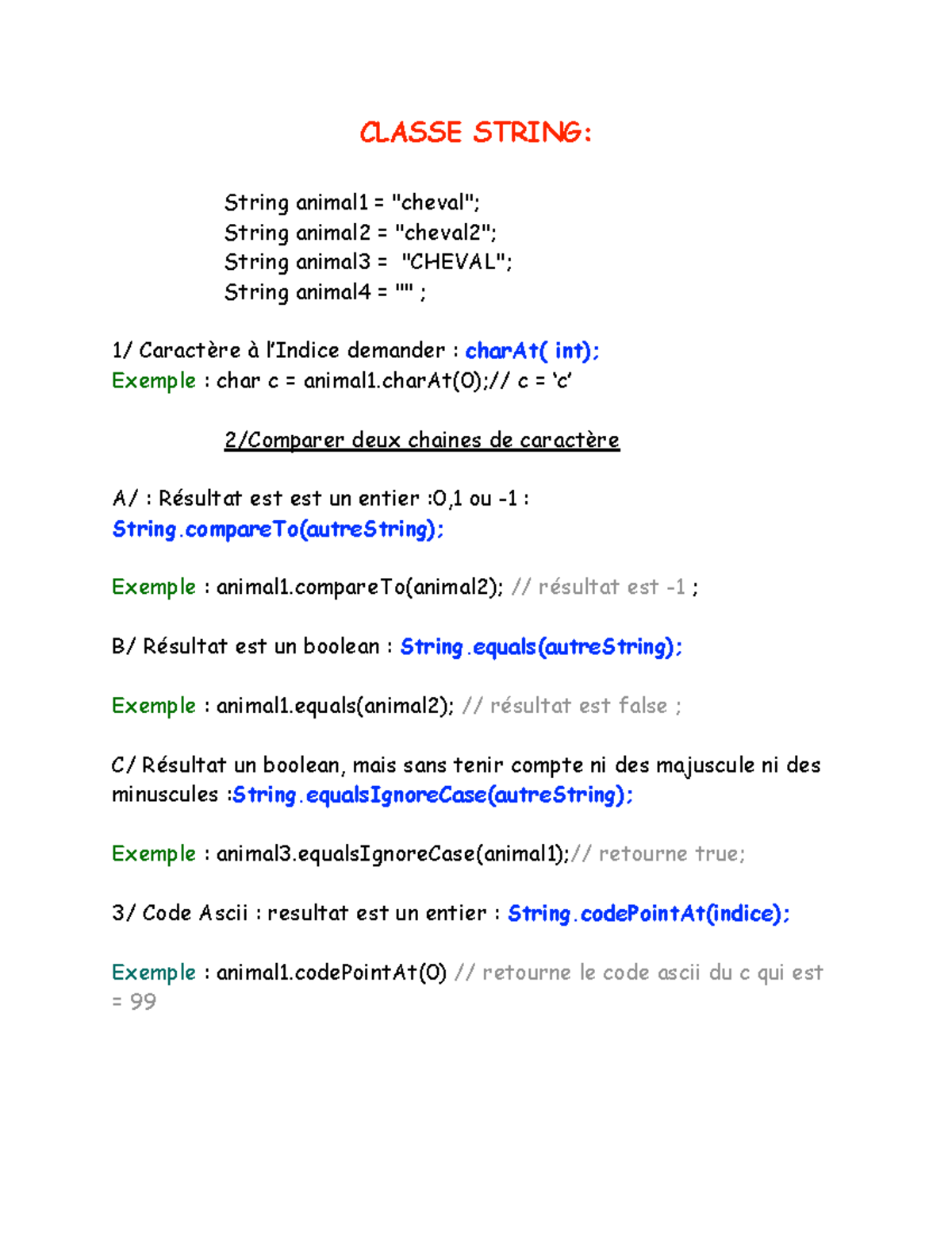 Classe String pdf CLASSE STRING String animal1 = "cheval"; String
